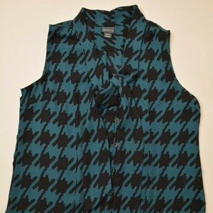 Covington Size M PETITE Womens GREEN HOUNDSTOOTH Jabot TIE Neck SLEEVELESS‎ Top